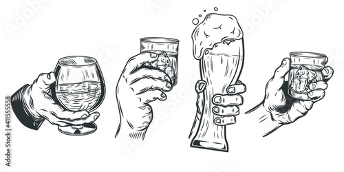 Collection of hands holding glass of whiskey isolated on white. Vector illustration.