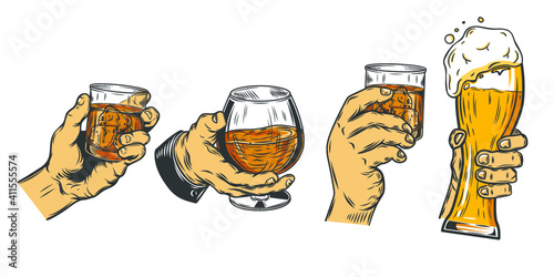 Collection of hands holding glass of whiskey isolated on white. Vector illustration.