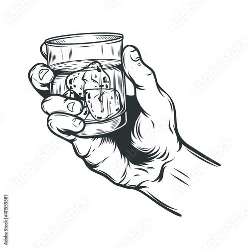 Hand holding glass of whiskey isolated on white. Vector illustration.