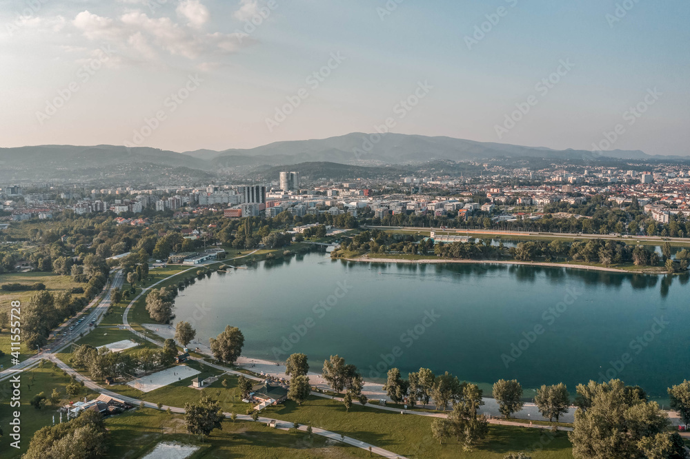 Aerial drone shot of Jarun lake in southeast Zagreb in Croatia summer