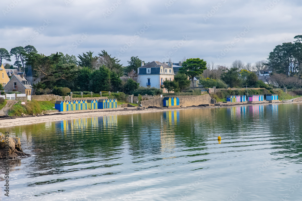 Ile-aux-Moines, France, bathing huts on the beach
