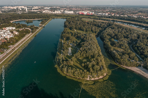 Aerial drone shot of Tesla tower in Jarun Lake in southeast Zagreb in Croatia