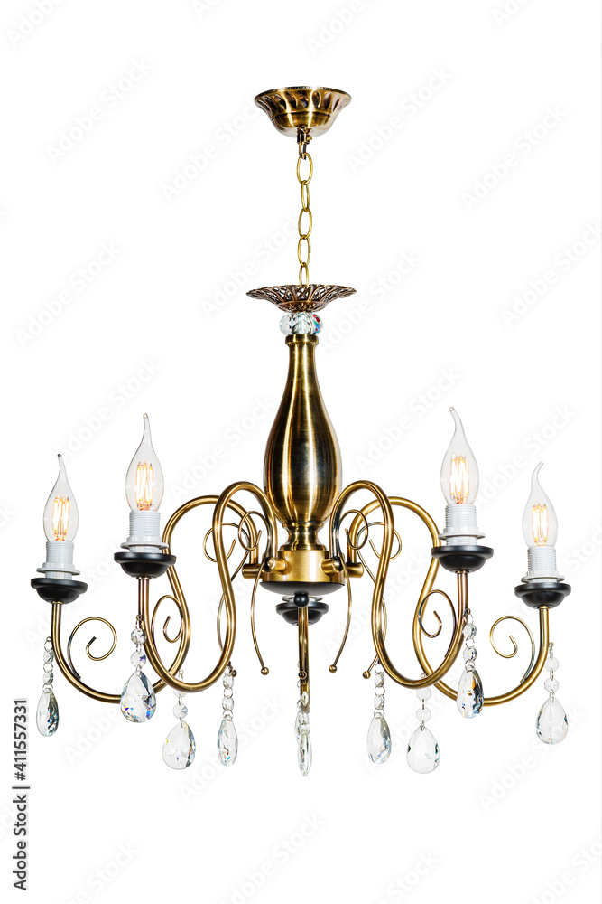 Five-lamp suspended ceiling chandelier. With candle shaped lamp bulbs. Isolated on white