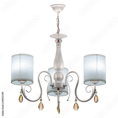 Three-lamp suspended ceiling chandelier with fabric shades. Isolated on white