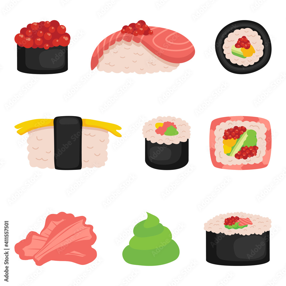 Sushi, rolls, icon set on white isolated background. Vector illustration Sushi, rolls, icon set on white isolated background. Vector illustration