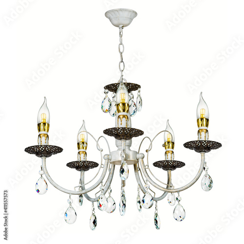 Five lamp pendant ceiling chandelier in white painted bronze with candle shaped lamps. Isolated on white background