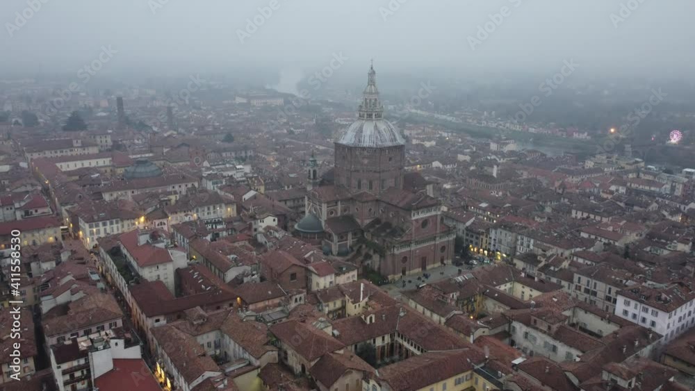 Drone view of the medieval city of Pavia in Italy : flying away from the cathedral Drone view of the medieval city of Pavia in Italy : flying away from the cathedral