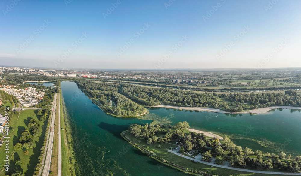 Aerial drone shot of Lake Jarun in southeast Zagreb in Croatia