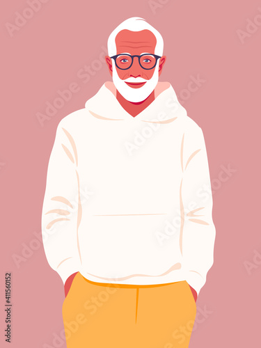 Portrait of a happy elder man wearing in fashion hoodie. A stylish grandfather. Vector flat illustration.
