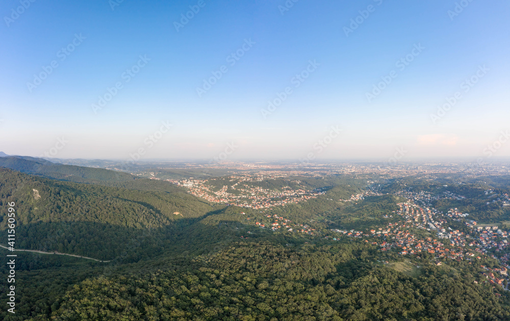 Aerial panoramic drone view of Zagreb upper town near Medvednica mountain