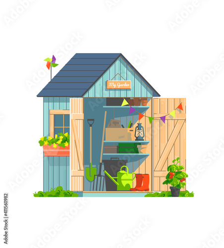 Garden shed with household tools isolated on white background. Watering-can, shovel, pitchfork, pots and plants for gardening and landscaping. Vector illustration photo