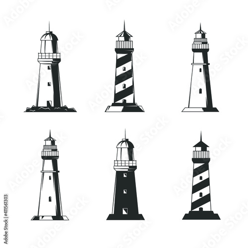 Collection of lighthouses isolated on white. Vector illustration.