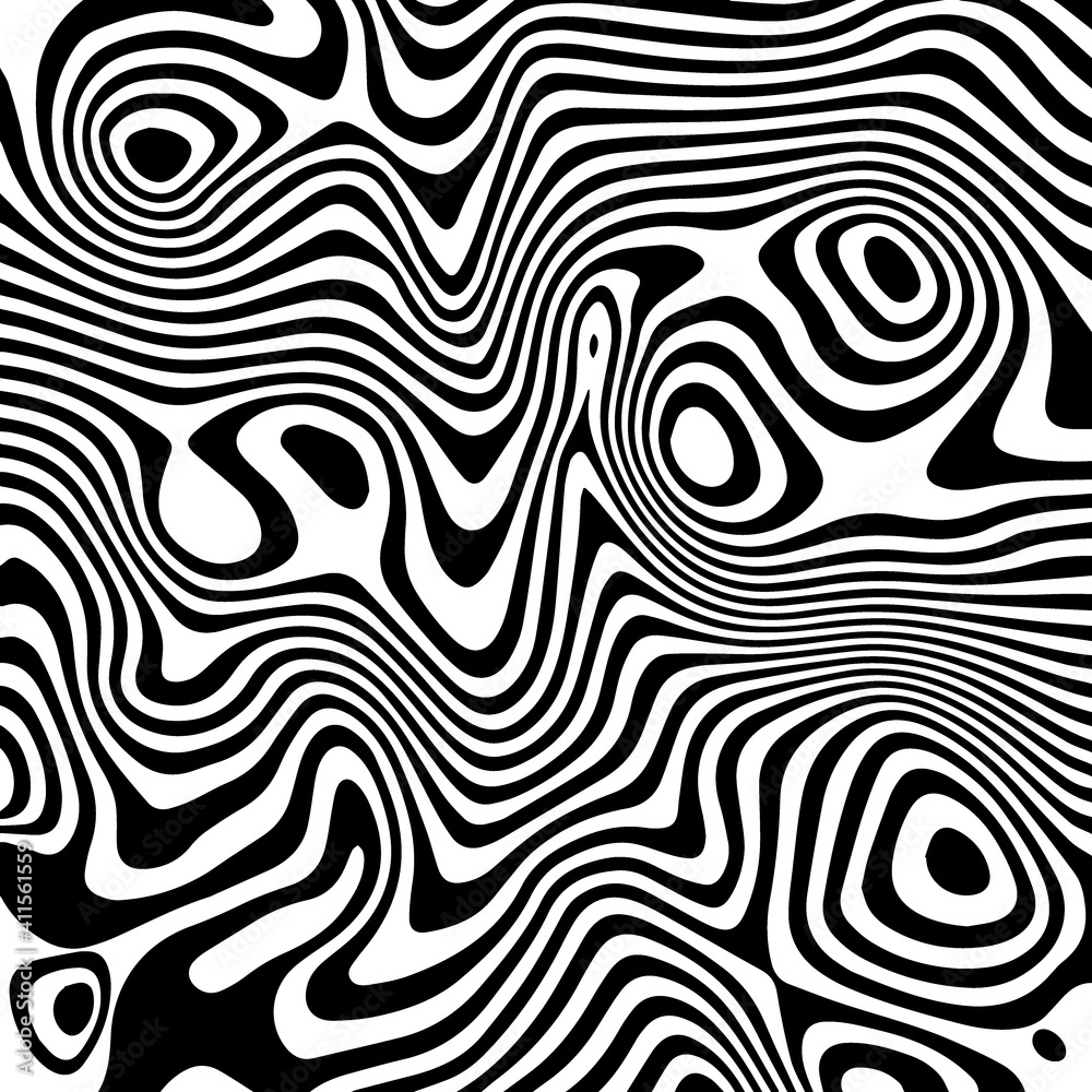 Vector monochrome pattern, curved lines, striped black and white background. Abstract dynamical rippled texture, 3D visual effect