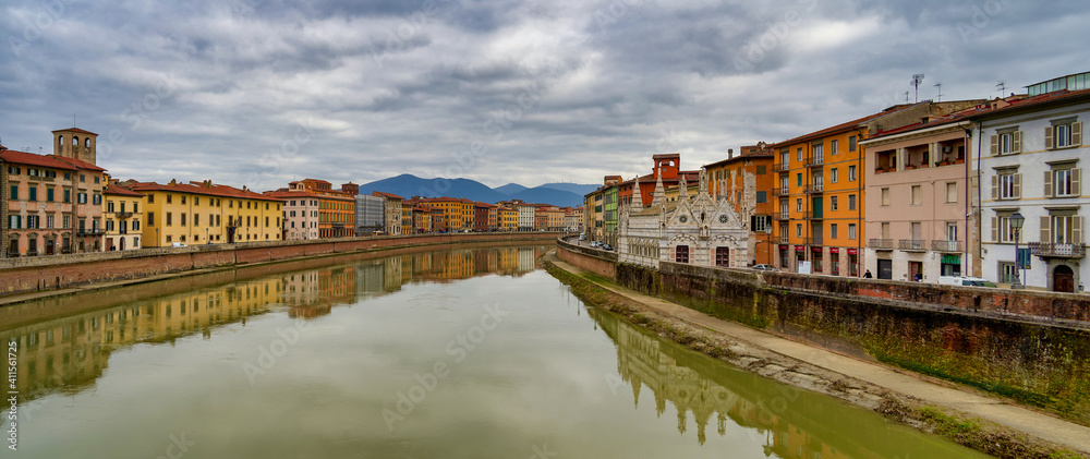 Panorama of the Lungarno of Pisa Tuscany Italy