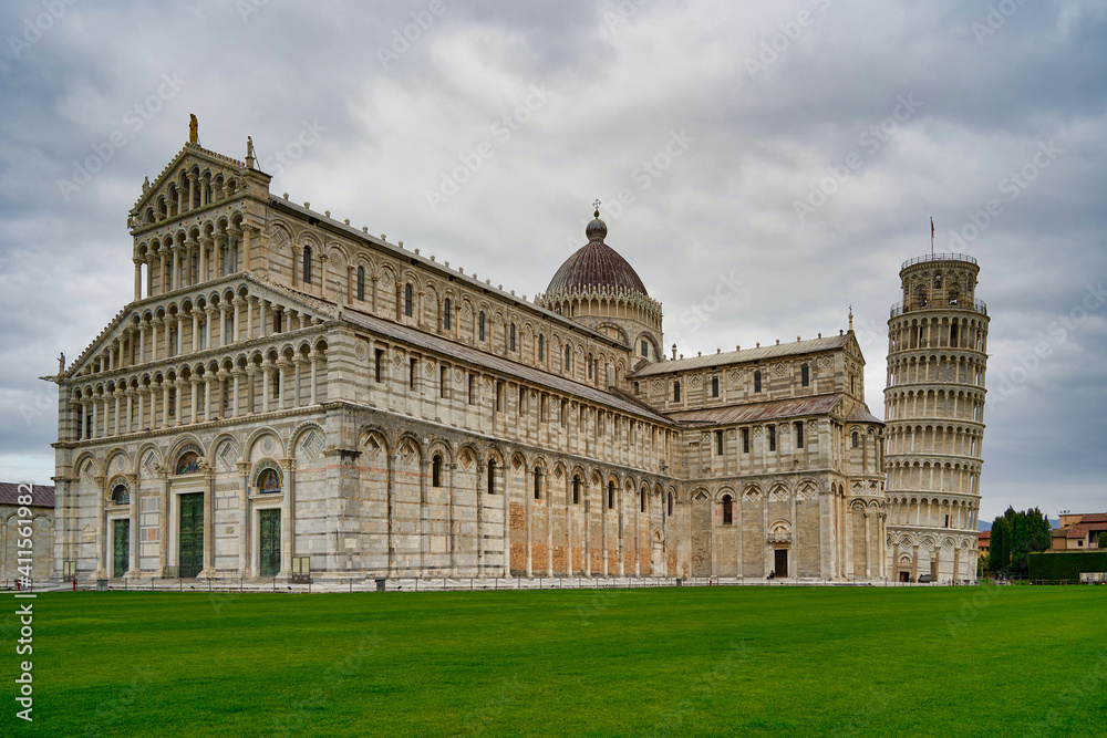 Duomo and Tower of Pisa in Piazza dei Miracoli Tuscany Italy