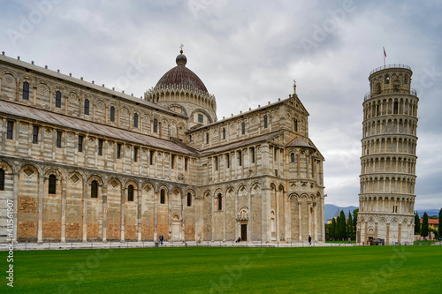 View of the Tower and the Duomo from Piazza dei Miracoli Pisa Tuscany Italy