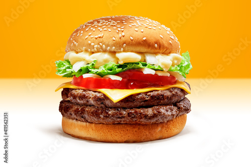 Delicious Double Beef Burger consists of Bun Bread, Patty, Pickle, Onion, Mayonaisse, Ketchup, Cheddar Cheese and lettuce in a yellow background, with interactive 3D text for Modern Fast Food Restaura