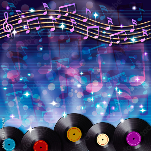 Abstract musical background with random notes on the musical staff and retro vinyl record.