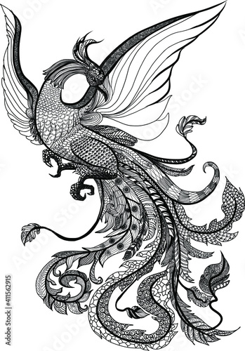 hoenix Fire bird illustration and character design.Hand drawn Phoenix tattoo Japanese and Chinese style,Legend of the Firebird is Russian fairy tales and it is creature from Slavic folklore.