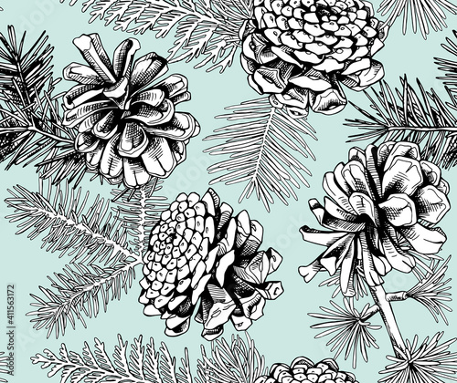 Seamless wallpaper pattern. Different black and white woody cones with Conifer branches on a light mint background. Textile composition, hand drawn style print. Vector illustration.
