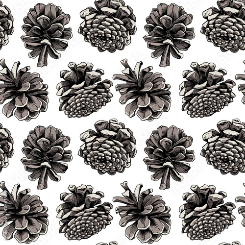 Seamless wallpaper pattern. Different brown woody Conifer cones with seeds on a white background. Textile composition, hand drawn style print. Vector illustration.