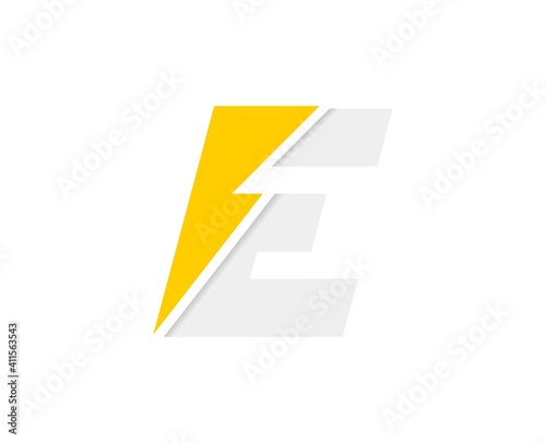 E letter logo, vector font with lightning flash power icon