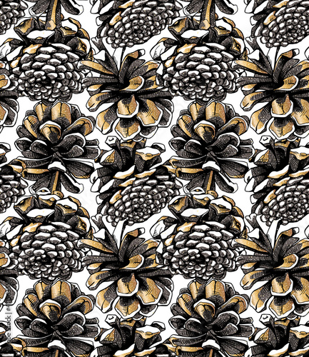 Seamless wallpaper pattern. Different gold woody Conifer cones on a black background. Textile composition, hand drawn style print. Vector illustration.
