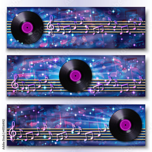 Set of tree abstract musical banners with notes on the musical staff and retro vinyl record.