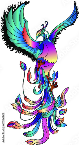 Phoenix Fire bird illustration and character design.Hand drawn Phoenix tattoo Japanese and Chinese style,Legend of the Firebird is Russian fairy tales and it is creature from Slavic folklore.