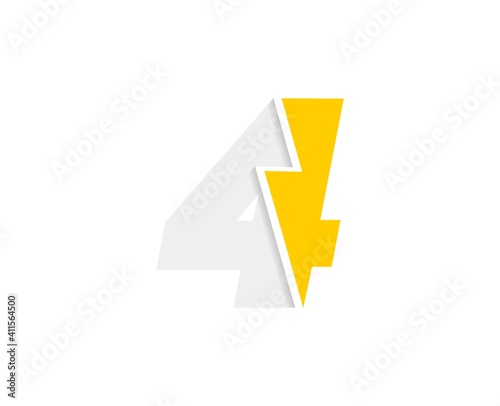 4 number logo, vector font with lightning flash power icon