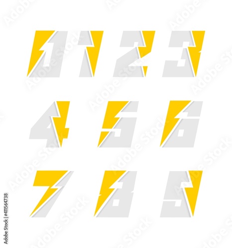 Set of number with lightning flash power icon
