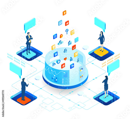Isometric 3D business environment. Business management. Isometric office space, server room with business people. Technology, success, internet, data protection and personal security infographic