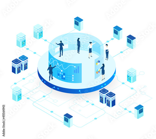 Isometric 3D business environment. Business management. Isometric office space, server room with business people. Technology, success, internet, data protection and personal security infographic