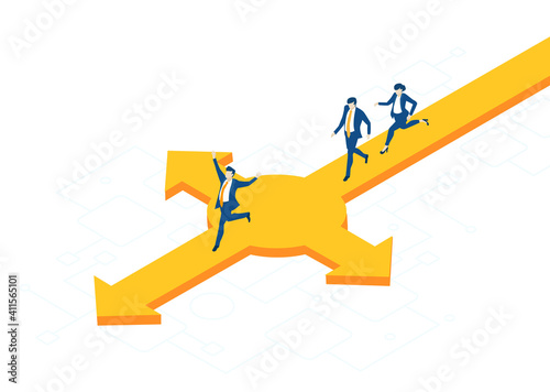 Isometric 3D business environment with business people running. Arrow sign pointing to a different directions. Making decisions, advisory, support and success concept 