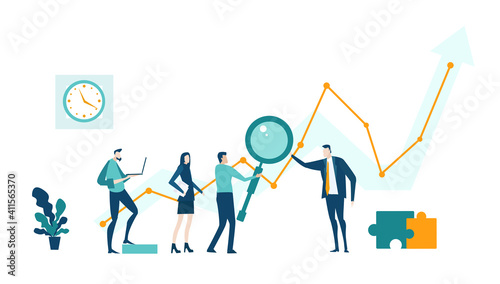 Business people having discussion in front of screen with growth charts and bars and make decisions regarding investments, new start up, project of developing program