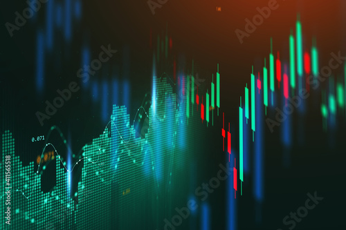 Concept of stock market and fintech forex concept. Blurry green digital charts over dark blue background. Futuristic financial interface. illustration.