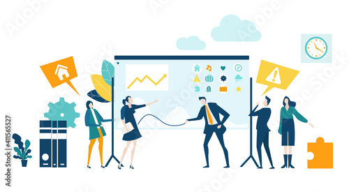Business people having discussion in front of screen with growth charts and bars and make decisions regarding investments, new start up, project of developing program