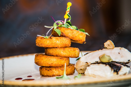 Potato ducats with chicken meat.The food in the restaurant. Food styling and restaurant meal serving.