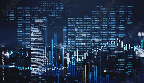 Financial chart over panoramic night Singapore city view. The concept of international consulting at Asia region. Double Exposure. photo