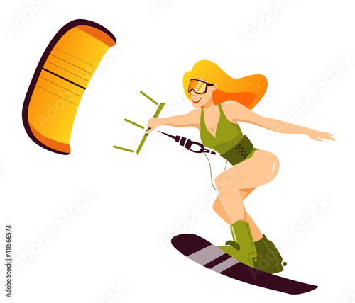 Red-haired woman in olive swimsuit rushes standing on the kiteboard, in one hand holding power kite. Kitesurfing or extreme sport concept. Vector illustration