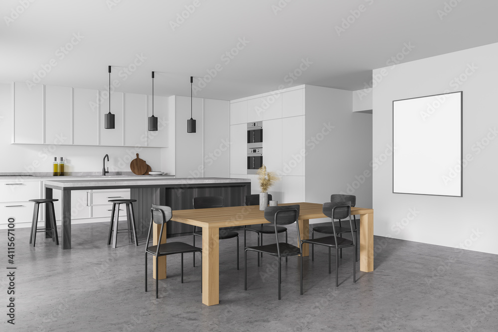 Modern kitchen interior with white walls, a concrete floor and gray countertops. A long table with chairs near it. mock up poster on wall.
