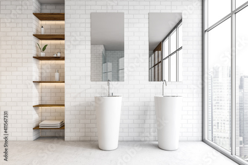 Billede på lærred White brick bathroom with two separate sinks, shelves and window