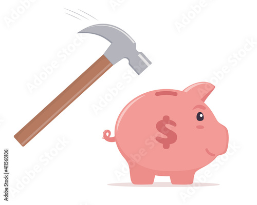 Hammer going to break the piggy bank. Money saving, economy, investment, banking or business services concept. Profit, income, earnings, budget, fund. Vector illustration.