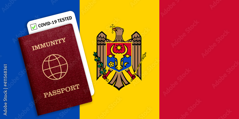Immunity passport and coronavirus test with flag of Moldova
