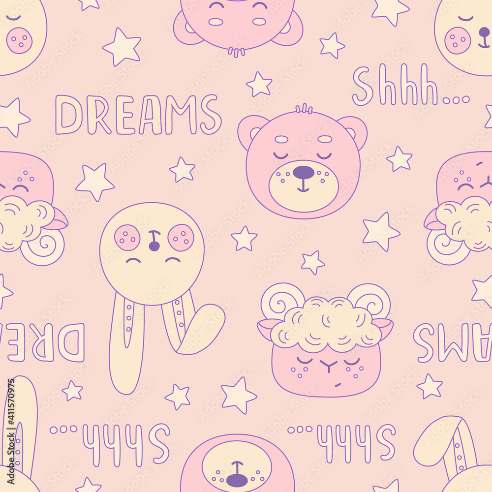 Seamless pattern with animals with their eyes closed. The head of a hare, a bear, a ram in pink and yellow pastel colors. Cute vector for kids textiles and design.