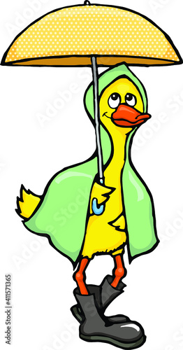 A duck wearing a rain coat with open umbrella.