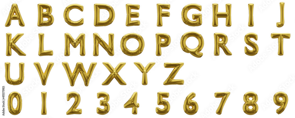 Full alphabet of golden inflatable balloons isolated on white background. 3D rendered. Full alphabet of golden inflatable balloons isolated on white background. 3D rendered.