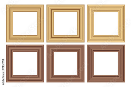Big set of squared golden vintage wooden frame for your design. Vintage cover. Place for text. Vintage antique gold beautiful rectangular frames. Template vector illustration.