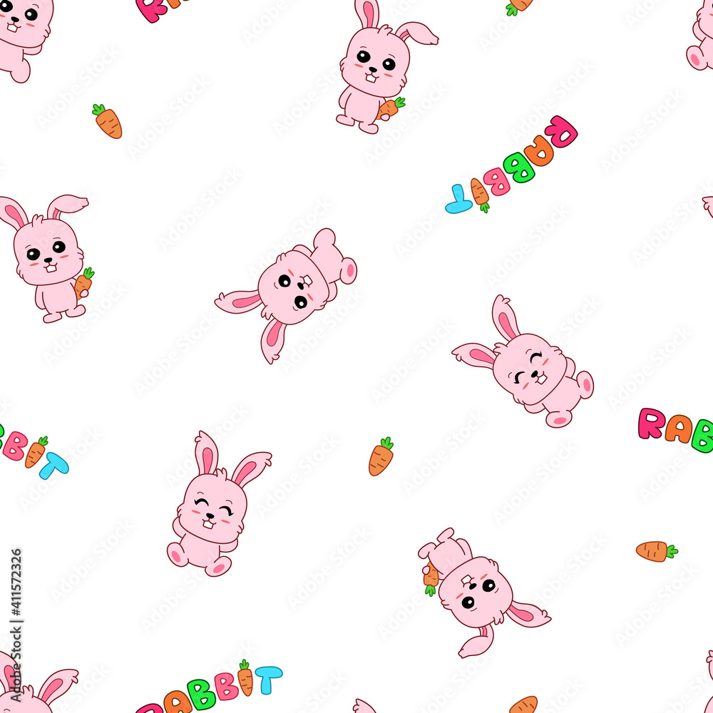 Seamless pattern created by a some actions of cute rabbits and carrot in white background