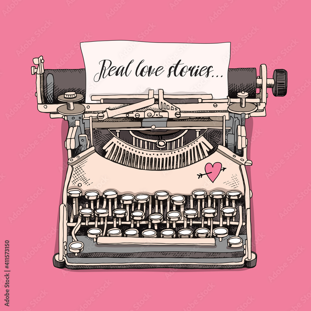 Card of a Valentine's Day. Vintage typewriter machine with paper on a pink background. Vector illustration.